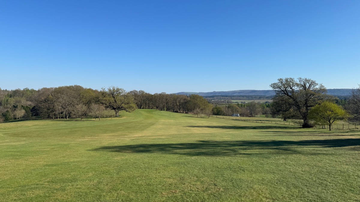 Midhurst, , South Downs splendour in perfect, pellucid April sunshine. Cowdray Park Gol...