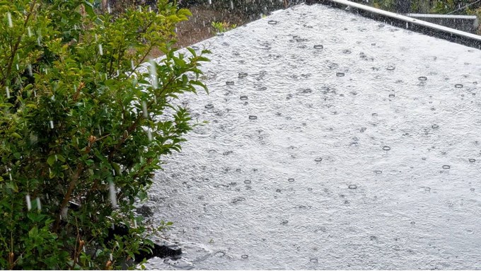 The deluge finally arrives. Hail, thunder and lightning along with 13mm of rain in a very short time. Posted by Brian Gaze
